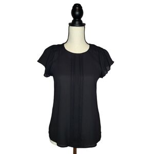 Worthington women's black semi sheer front pleated cap flutter sleeve top sz PXS